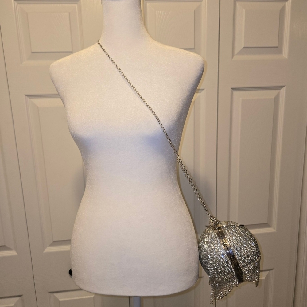 NWT Natasha Couture Silver Glass Crystal Orb Clutch - Picture 2 of 8